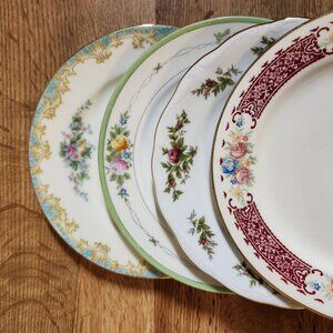 4- Mismatched Floral ~6.5" Fine China Dessert Cake Plates Gold Rims Porcelain Ec